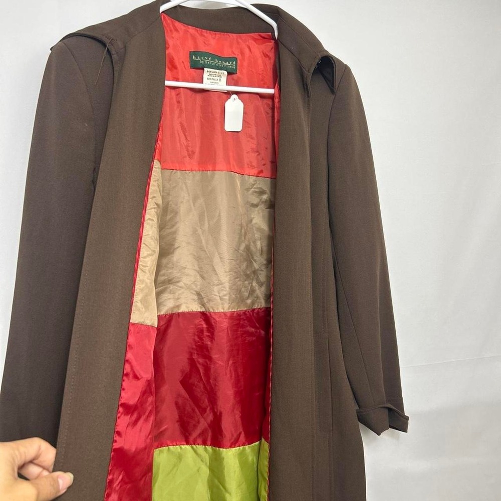Vintage Harvé Benard Chocolate Brown Trench Coat Color block Trench Coat Size 8 - Picture 5 of 5